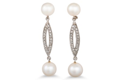 Lot 120 - A PAIR OF DIAMOND AND PEARL DROP EARRINGS, the...