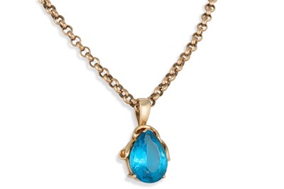 Lot 130 - A PEAR SHAPED BLUE TOPAZ PENDANT, mounted in...