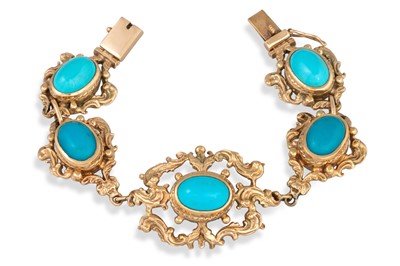 Lot 131 - A TURQUOISE SET GOLD BRACELET, mounted in 9ct...