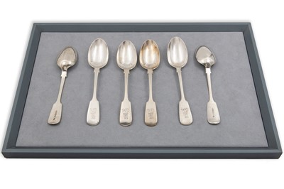 Lot 466 - A SET OF SIX VICTORIAN IRISH SILVER FIDDLE...