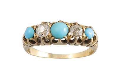Lot 137 - AN ANTIQUE DIAMOND AND TURQUOISE FIVE STONE...