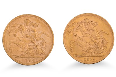 Lot 413 - TWO FULL GOLD SOVEREIGNS ENGLISH COINS, 1894...