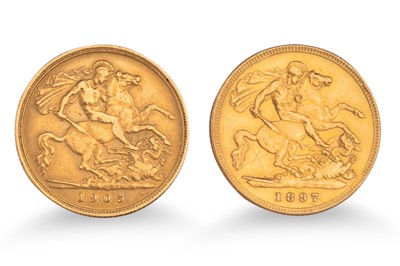 Lot 416 - TWO HALF GOLD SOVEREIGN ENGLISH COINS; 1897...