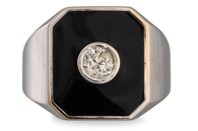 Lot 159 - A BLACK ENAMEL AND DIAMOND RING, the round...