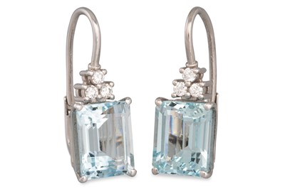 Lot 185 - A PAIR OF AQUAMARINE AND DIAMOND EARRINGS, the...