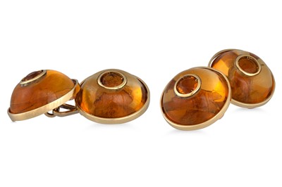 Lot 186 - A PAIR OF CITRINE CUFFLINKS, the cabochon...