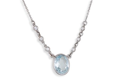 Lot 187 - AN AQUAMARINE AND DIAMOND PENDANT, the oval...