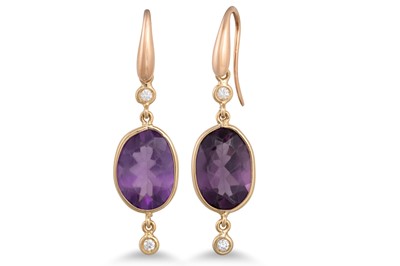 Lot 199 - A PAIR OF AMETHYST AND DIAMOND DROP EARRINGS,...