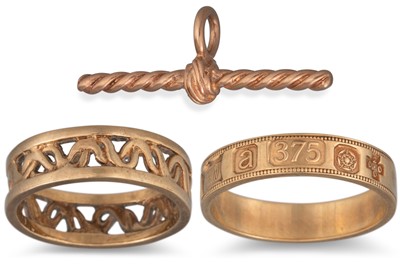 Lot 232 - TWO GOLD BAND RINGS, together with a 9ct gold...