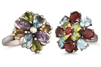 Lot 127 - TWO GEM SET DRESS RINGS, both mounted in...