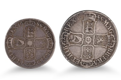 Lot 428 - TWO 1688 JAMES II SILVER ENGLISH COINs; Crown...