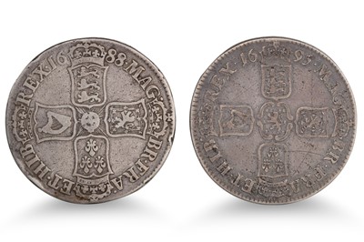 Lot 432 - TWO SILVER CROWN ENGLISH COINS, 1688 James II,...