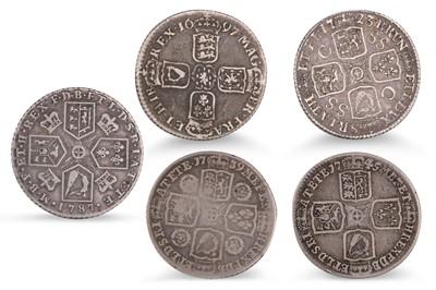 Lot 438 - 5 x ENGLISH SILVER SHILL COINS; 1697N NF, 1723...