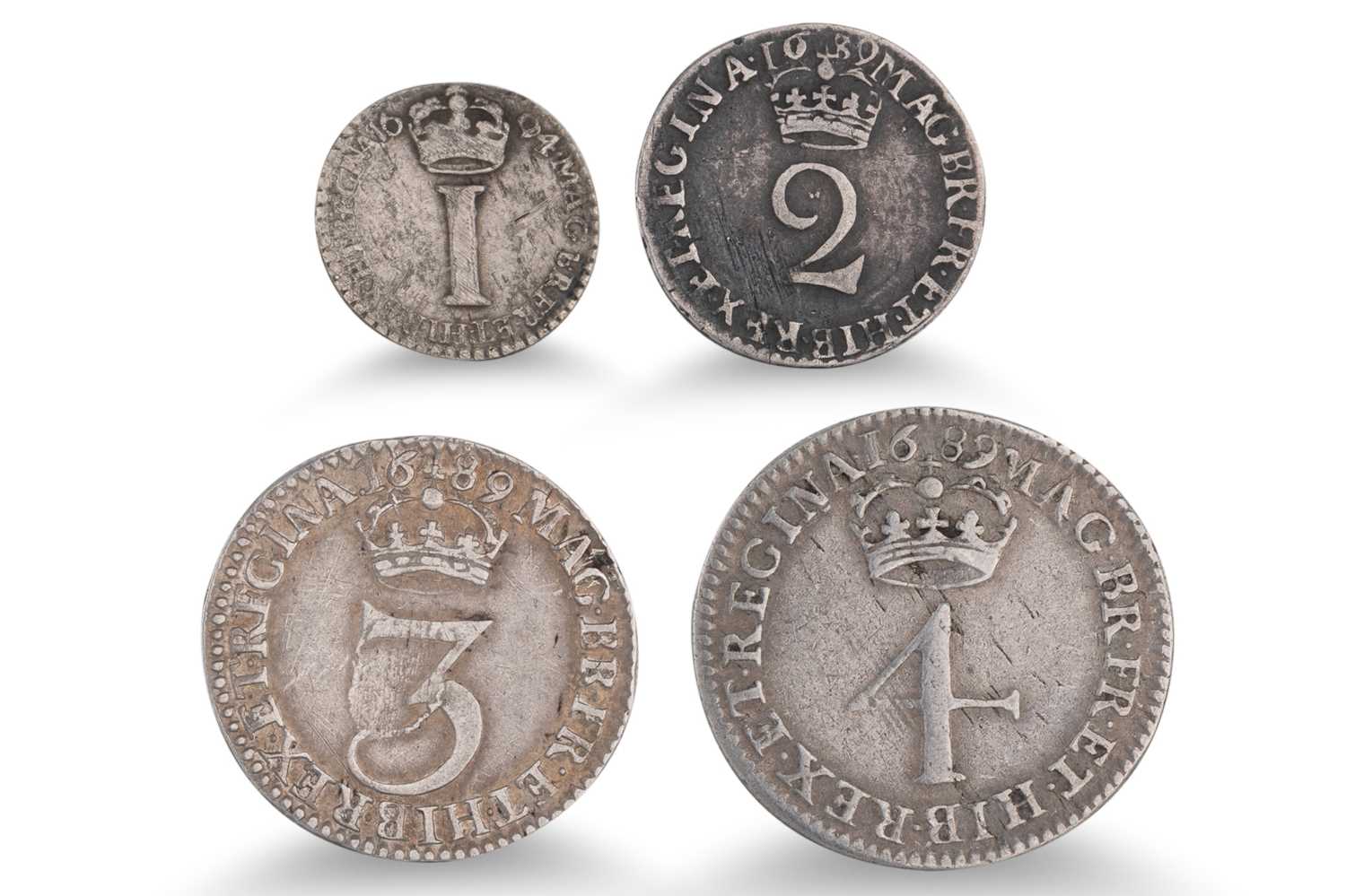 Lot 373 - A WILLIAM & MARY MAUNDY 4 X COINS; 4d 1689 F,