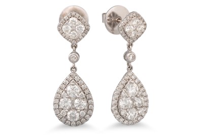 Lot 359 - A PAIR OF DIAMOND DROP EARRINGS, pavé set...