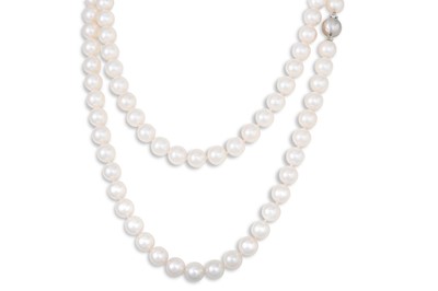 Lot 364 - A CULTURED PEARL NECKLACE,  9ct gold clasp, 34"...