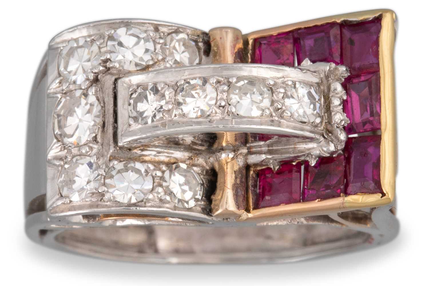 Retro Ruby Lot 72 - A RETRO RUBY AND DIAMOND SET RING, the square