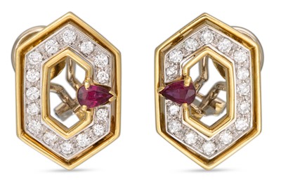 Lot 73 - A PAIR OF DIAMOND AND RUBY EARRINGS, hexagonal...