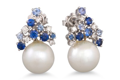 Lot 80 - A PAIR OF SAPPHIRE, DIAMOND AND PEARL EARRINGS,...