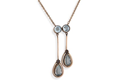 Lot 50 - A VINTAGE DROP PENDANT, set with blue gemstones