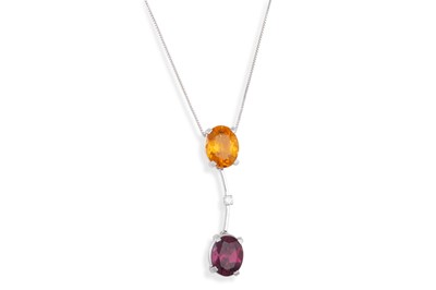 Lot 57 - A CITRINE, GARNET AND DIAMOND PENDANT, of drop...