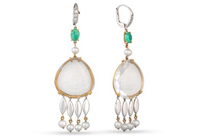 Lot 59 - A PAIR OF ROCK CRYSTAL, EMERALD AND PEARL DROP...