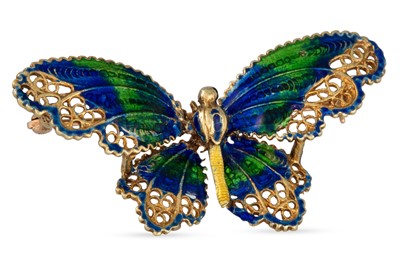 Lot 127 - AN ENAMEL SET BUTTERFLY BROOCH, mounted in...