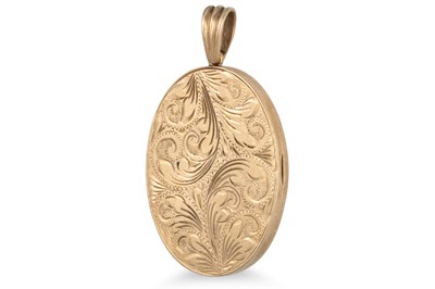 Lot 108 - A MODERN ENGRAVED 9CT GOLD OVAL LOCKET, 9.9 g.