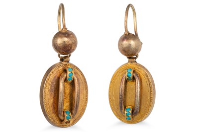 Lot 20 - A PAIR OF 9CT GOLD AND TURQUOISE EARRINGS,...