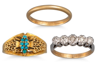 Lot 5 - THREE 18CT GOLD DRESS RINGS, one diamond set,...