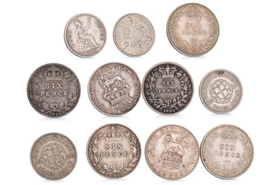 Lot 336 - 11 X ENGLISH SILVER COINS; 7 x 6d 1826 - 1910,...