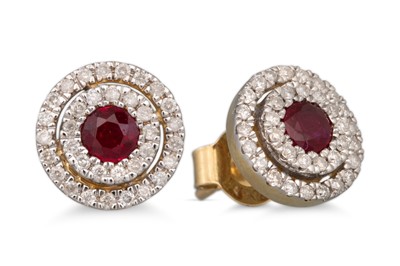 Lot 54 - A PAIR OF RUBY AND DIAMOND CLUSTER EARRINGS,...