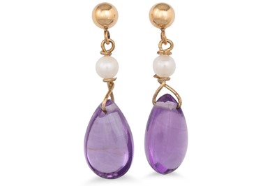 Lot 60 - A PAIR OF AMETHYST AND PEARL DROP EARRINGS,...