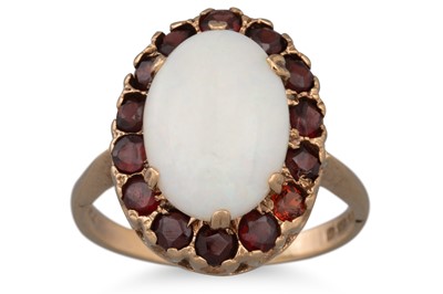 Lot 62 - AN OPAL AND GARNET CLUSTER RING, the oval opal...