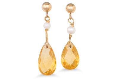 Lot 75 - A PAIR OF CITRINE AND PEARL DROP EARRINGS,...