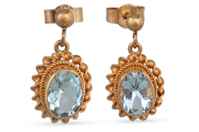 Lot 144 - A PAIR OF AQUAMARINE DROP EARRINGS, the oval...