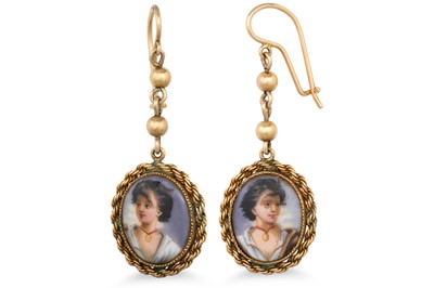 Lot 149 - A PAIR OF GOLD DROP EARRINGS, set with hand...