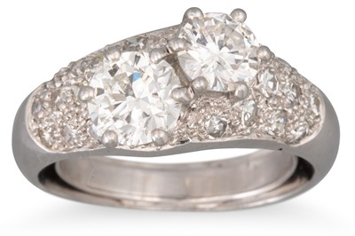 Lot 268 - A TWO STONE DIAMOND RING, pavé diamond...