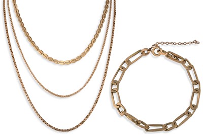 Lot 282 - FOUR 9CT GOLD CHAINS, 25.5 g.