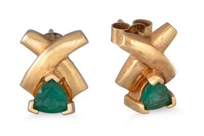 Lot 92 - A PAIR OF EMERALD EARRINGS, the triangular...