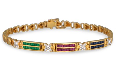 Lot 175 - AN EMERALD, RUBY AND SAPPHIRE BRACELET,...