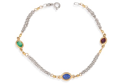 Lot 176 - AN EMERALD, RUBY AND SAPPHIRE BRACELET, the...