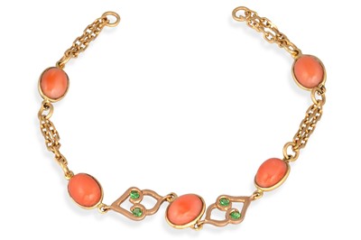 Lot 177 - A MEDITERRANEAN CORAL SET BRACELET, mounted in...