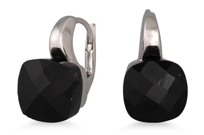 Lot 199 - A PAIR OF FACETED ONYX EARRINGS, mounted in...