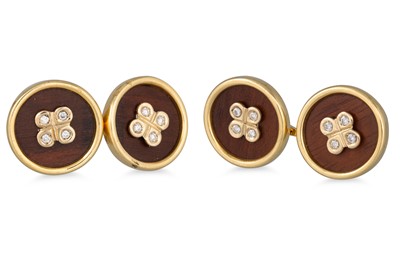 Lot 201 - A PAIR OF DIAMOND AND WOOD SET CUFFLINKS, each...