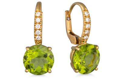 Lot 202 - A PAIR OF PERIDOT AND DIAMOND EARRINGS, the...