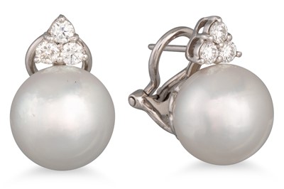 Lot 203 - A PAIR OF SOUTH SEA PEARL AND DIAMOND EARRINGS,...