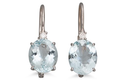 Lot 204 - A PAIR OF AQUAMARINE AND DIAMOND EARRINGS, the...