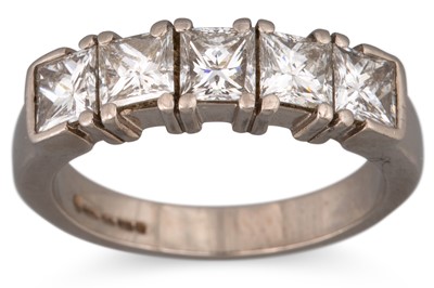 Lot 174 - A DIAMOND FIVE STONE RING, the square modified...