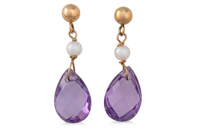 Lot 32 - A PAIR OF AMETHYST AND PEARL DROP EARRINGS,...